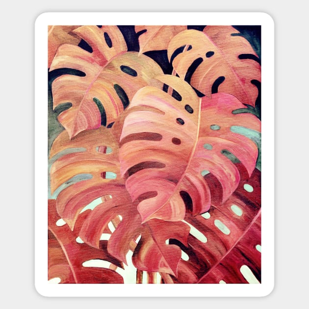 Monstera Love in Magenta and Coral - oil painting Sticker by micklyn